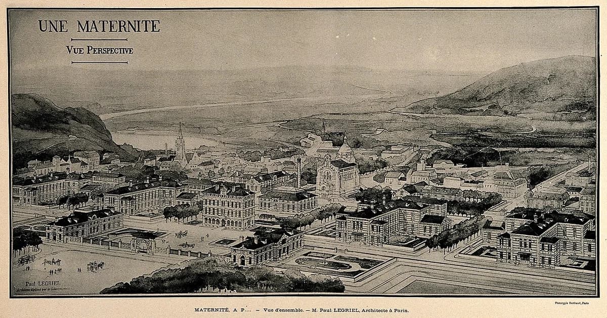 Historical architectural drawing of a maternity hospital complex in Paris.